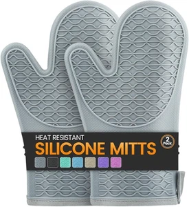 Silicone Oven Mitts, Heat Resistant 2PCS Mitts with Soft Cotton Gray  - Picture 1 of 7
