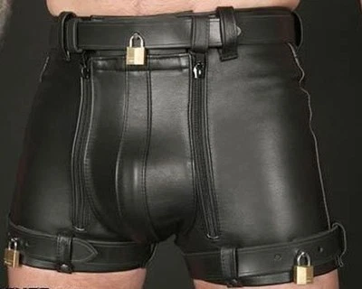 MEN'S REAL LEATHER RESTRAINTS CHASTITY SHORTS+FREE PADLOCKS BLUF/BONDAGESHORTS - Image 1 of 4
