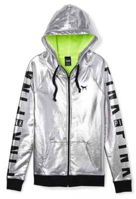 NUEVO CON ETIQUETAS Victoria’s Secret ROSA Desfile de Moda Plateada Metálica Chaqueta con Capucha Top Foto 1 de 4