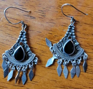 Onyx Sterling Silver Dangle Earrings 6.9 Grams - Picture 1 of 2