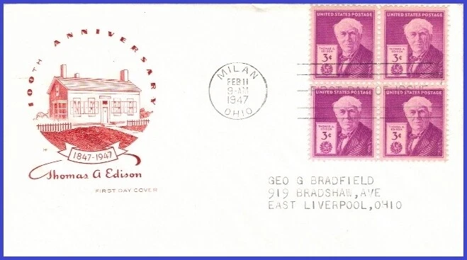 USA4 # 945 ADDR HOUSE OF FARNAM FDC BL4  Thomas A. Edison - Image 1 of 1