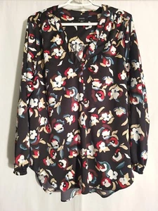 Alfani-Black Red Blue Tan Floral Satiny Long Sleeve Vneck Top Blouse-1X - Picture 1 of 6