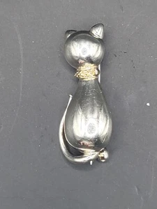 Vintage Sterling Silver 14k Cat Brooch Pin Kitty Cat Ailurophiles Marked - Picture 1 of 11