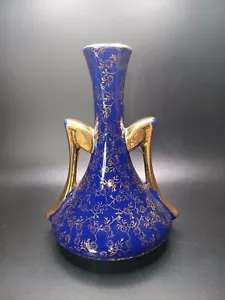 Vintage 1950’s Pearl China 22K Gold Cobalt Floral Double Handled Vase USA - Picture 1 of 5