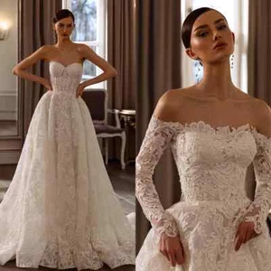 Boho A-Line Wedding Dresses Off Shoulder Long Sleeved Lace Applique Bridal Gowns - Picture 1 of 10