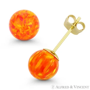 Pendientes de tachuelas empujables de bola de ópalo sintético naranja y rojo en oro amarillo 14k - Imagen 1 de 1