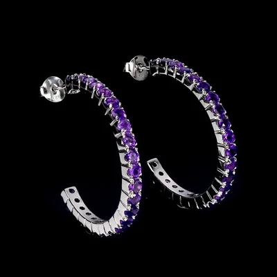Pendientes de plata de ley 925 redondos amatista piedras preciosas naturales joyería Foto 1 de 4