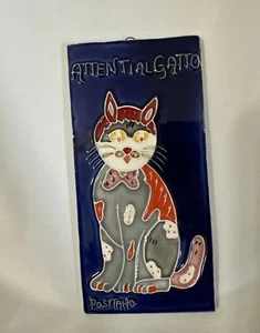 Keramik Katze Attenti Al Gatti Vorsicht Kunst Fliese Hergestellt in Positano Italien 6" Blau - Bild 1 von 9