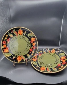 222 Fifth Arabian Flower 11 1/2" Dinner Plates. Green and Black w/Orange Tone. - Picture 1 of 7
