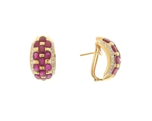 14K Yellow Gold Oval Ruby & .20 Carat Round Diamond Omega Back Earrings - Picture 1 of 6