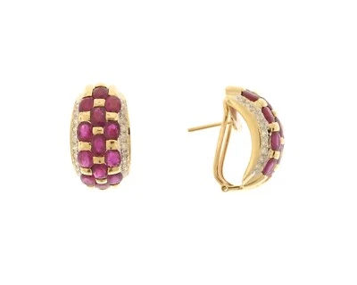 14K Yellow Gold Oval Ruby & .20 Carat Round Diamond Omega Back Earrings  - Image 1 of 4