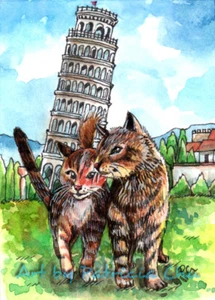 ACEO LE Art Card Print 2.5x3.5" Cats At Tower of Pisa "Cityscape Art by Patricia - Foto 1 di 1