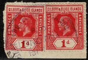 1912 KGV 1d Carmine Pair SG 13 Fine Vernon Ty 8 Onotoa CDS on Piece From My Coln - Picture 1 of 1