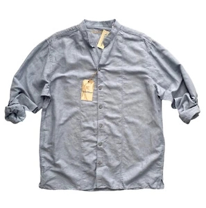 Caribbean Nwt Linen Blend Slate Blue Roll Long Sleeve Mandarin Collar Shirt XL - Picture 1 of 4