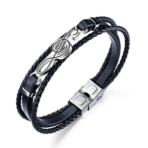 Men Musical Note Braided Leather Bracelet Rope Cuff Bangle Stainless Steel Clasp - Picture 1 of 8