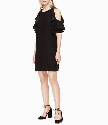 Abito Kate Spade spalle fredde piccolo nero crepe pezzi chiave cambio volant $298