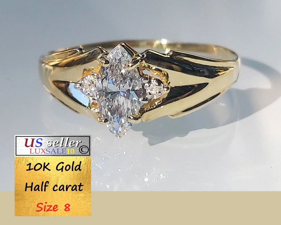 Anillo vintage medio quilate certificado diamante, anillo oro macizo 10k corte marquesa Foto 1 de 1
