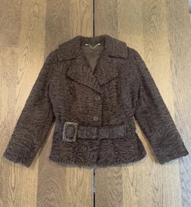 Swakara Karakul Persian Lamb Eco-Fur Coat Women’s S Brown Wood Buttons Buckle - Picture 1 of 13