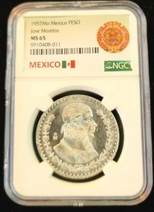 1957 MEXICO SILVER 1 PESO JOSE MORELOS NGC MS 65 FIRST YEAR MIRROR GEM SURFACES - Picture 1 of 4