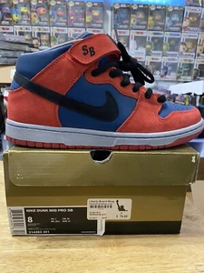 Size 8 -Nike Dunk Mid Pro SB 314383-401 Red Blue Marina/Black Spider-Man 2008 - Picture 1 of 7