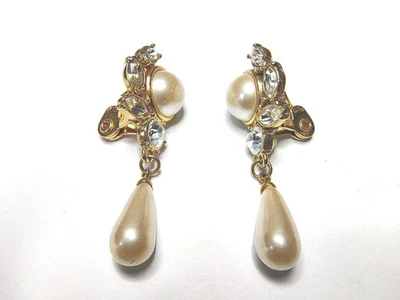 Vintage Monet gold tone faux pearl Teardrop design drop earrings clip on  - Image 1 of 4