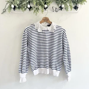 J.Crew French Terry Sweatshirt with Lace Trim Striped XS 11-3154 - Picture 1 of 3