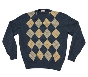 Gran Sasso Men’s Merino Ultrafine Cashmere Wool Sweater Blue Argyle Italy 54 L - Picture 1 of 13