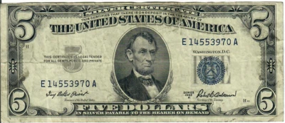 1953A 5$ Silver Certificate - Blue Seal - IBP/RBA E14553970A - #13593 - Image 1 of 2