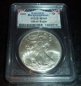 2009 $1 AMERICAN SILVER EAGLE PCGS MS69 LINCOLN BICENTENNIAL - Picture 1 of 2