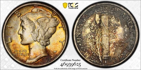 1937 P PCGS UNC Detail | TONED Silver Mercury Dime - 10c US Coin #42882A Cover