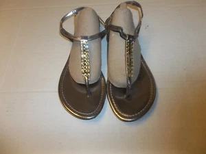 Womens Size 11 Cato Silver w/ Yellow Rhinestone T-Strap Flat Sandals - Picture 1 of 5