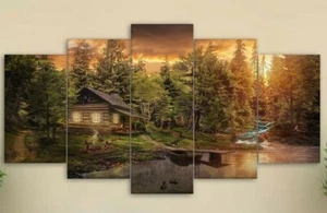 Arte de pared en lienzo con impresión de múltiples paneles Cabaña en el bosque Mountain Creek Lake 5 piezas - Imagen 1 de 12
