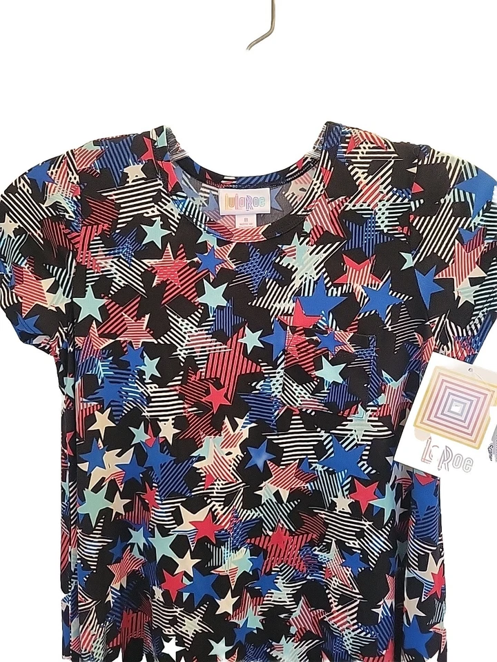 Vestido LuLaRoe Scarlett 4 de julio nuevo con etiquetas para niña talla 8 rojo blanco azul patrón de estrellas Foto 1 de 4