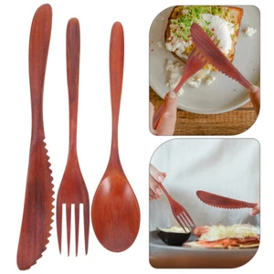 3 Pcs Wooden Tableware Set Baby Travel Home Cutlery Fork Spoon Kit - Imagen 1 de 12