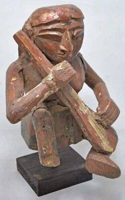 Antque Wooden Musician Woman Figurine Original Old Hand Carved Foto 1 de 4