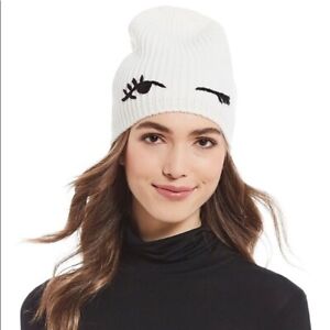 Kate Spade New York White Ivory Black Winking Beanie Winter Hat Cap One Size NWT