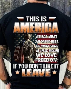 US Veteran This Is America We Eat Meat Drink Beer Own Guns T-shirt On Back - Picture 1 of 7