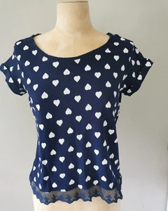 Springfield - Blue with White Hearts and Lace Trim Top - Size S - Used - Picture 1 of 9