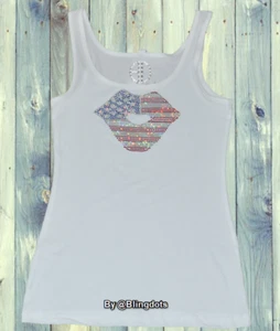 Women USA Bling Kiss Tank top sequins Shirt 4 of July no Rhinestones Sexy   - Picture 1 of 6