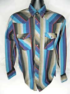 Vintage Wrangler Shirt Mens Medium Striped Pearl Snap Western Rodeo 90s - Bild 1 von 10