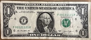 TRUE TRINARY 1 $ Dollar Schein F 00121121 P FANCY SERIAL NUMBER 2013 1 $ - Bild 1 von 2