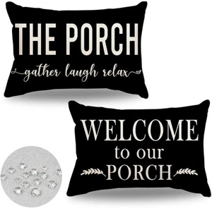 Welcome to Our Porch Almohadas Negro Granja Exterior Lumbar Almohada Fundas 12X20 - Imagen 1 de 3