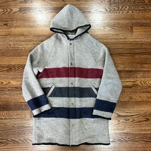 VTG 80s Woolrich Aztec Wool Blanket Coat Jacket Womens M USA Gray Striped Hood - Picture 1 of 10