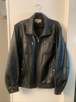 Michael Kors Lambskin Leather Racer Biker Jacket Men L Black MSRP $398 - Image 1 of 4