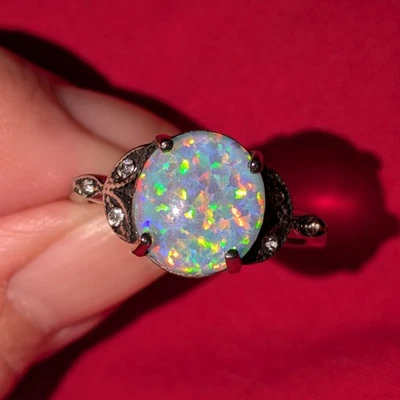 Stainless Steel And Created Fire Opal Ring With CZ Accents, Size 9 - Image 1 of 4