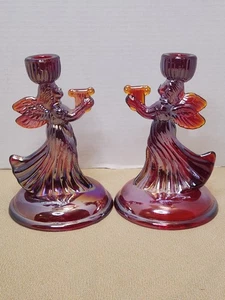 Pair Of Red Carnival Glass Angel Candle Holders Glows Orange Under Blacklight - Picture 1 of 22