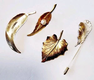 Vintage Gold Tone Leaf Brooches Lot of  3 and 1 Stick Pin - Picture 1 of 7