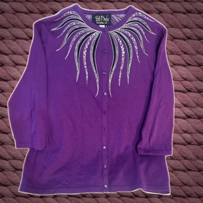 Bob Mackie Wearable Art Purple Cardigan ¾ Sleeve Sweater  Beaded Sequined XL - Image 1 of 4