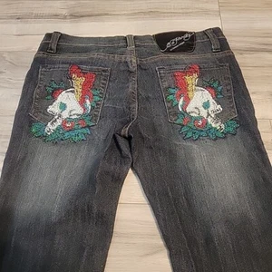 Ed Hardy Jeans Womens 27 (28x32) Christian Audigier Tatto Skull Embroidered - Picture 1 of 12