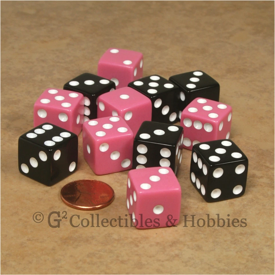 NEW Set of 12 Pink & Black Dice 16mm 5/8 inch RPG Bunco Board Game Six Sided D6 - Image 1 of 1